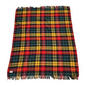Vintage FARIBO 100% Wool Plaid Throw Blanket 59"x 50" Mid-Century Cabin Cozy